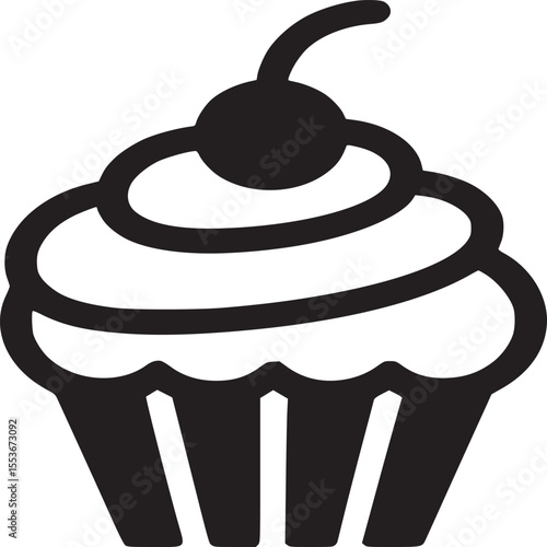 Cupcake with cherry vector icon illustration, dessert bakery sweet food isolated graphic design element silhouette
