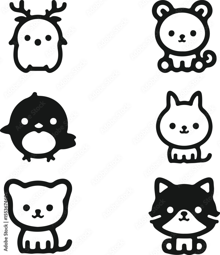 Fototapeta premium A fun collection of cute baby animal cartoon character icons including a cat, dog, pig, cow, bear, rabbit, panda, and fox