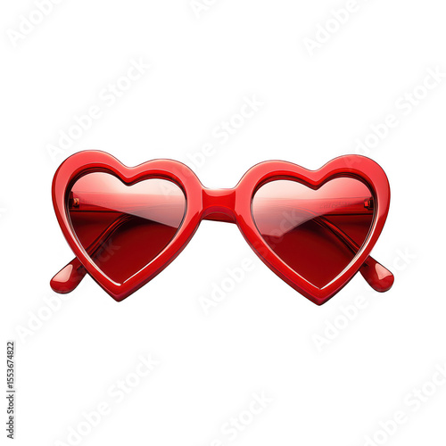 Bright red heart shaped sunglasses with reflective lenses isolated on transparent background