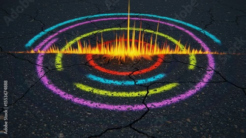 Vibrant colorful concentric circles on cracked asphalt graphic design