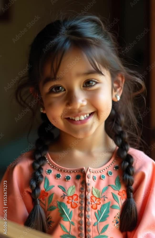 Joyful young Indian girl with braided hair reading a book and smiling brightly indoors, dressed in a floral ethnic kurti, radiating innocence and happiness. Generative Ai.