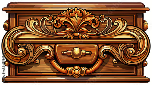 Close up Vintage drawer handle close-up showcasing intricate design on polished wood furniture white background
