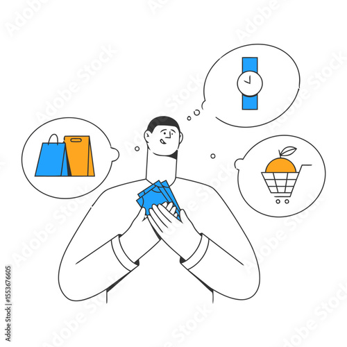 Man shopping bags watch cart money purchase consumerism retail commerce spending finance economy buy vector art illustration