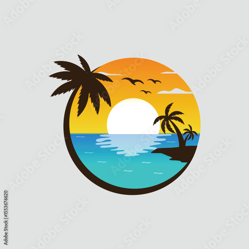 Summer beach design image with palm trees and sun on background vector illustration