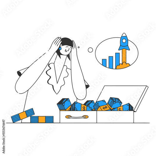 Woman money wealth finance investment growth startup success business chart rocket wealth cash asset vector art illustration