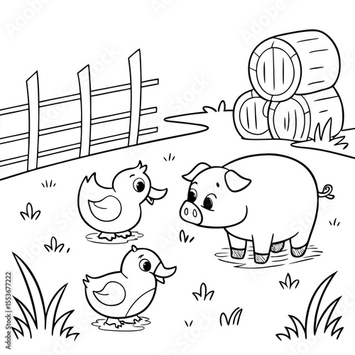  Duckling, Piglet, and Calf a baby duckling, a cute piglet, and a small cow playing in a farmyard