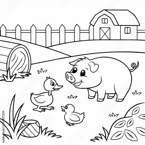  Duckling, Piglet, and Calf a baby duckling, a cute piglet, and a small cow playing in a farmyard