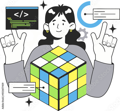 Developer programmer coding software engineering cube puzzle algorithm data science innovation strategy code vector art illustration