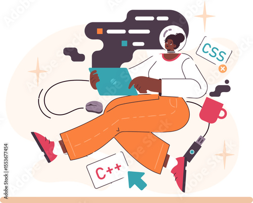 Illustration of a programmer developer coding software engineer working on laptop css c++ design project vector art illustration