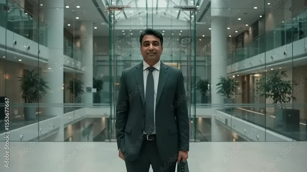 Professional man in a suit stands confidently in a modern corporate lobby with glass architecture Professional man in a suit stands confidently in a modern corporate lobby with glass architecture