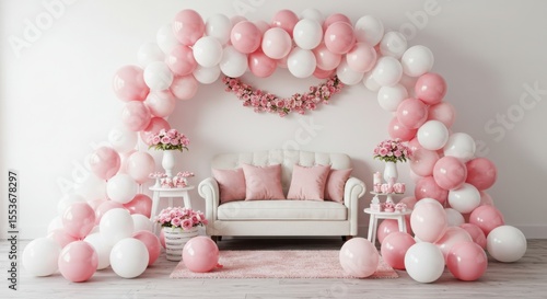 Elegant pink and white balloon arch and floral garland decorating a chic living room setting