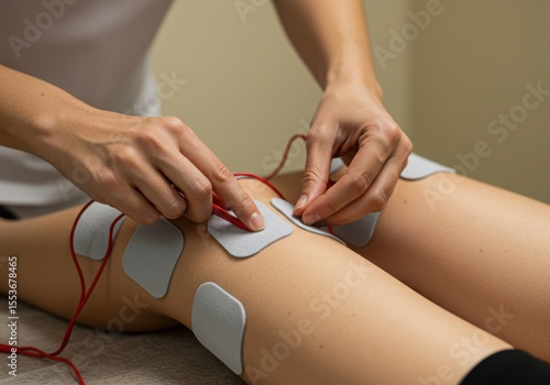 Physical therapist applies electrical stimulation pads to a patient s knee for pain relief and muscle rehabilitation