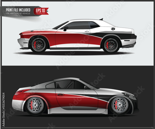 Two Sport Car Designs with Red and White Graphics
