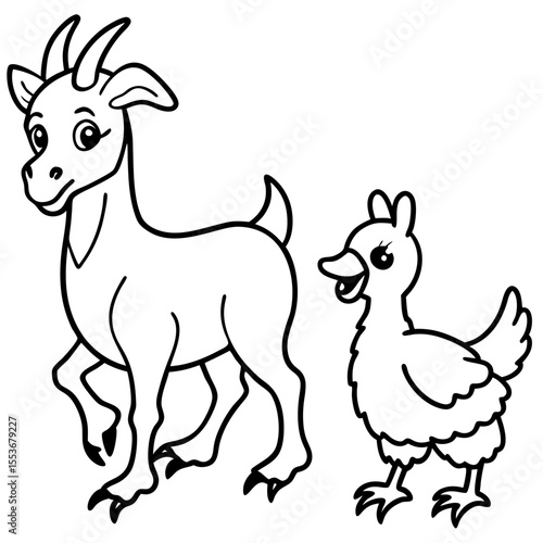 Goat, Rooster, and Duck a baby goat, a proud rooster, and a waddling duck walking in a barnyard