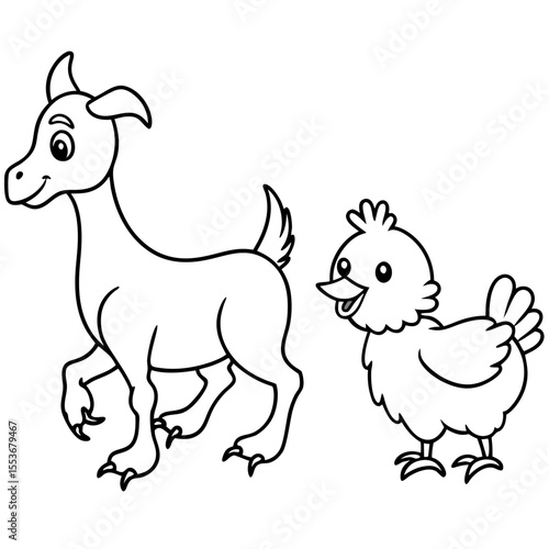 Goat, Rooster, and Duck a baby goat, a proud rooster, and a waddling duck walking in a barnyard