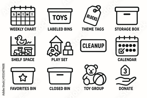 Toy organization and cleanup icon set
