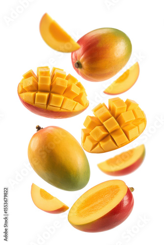 Fresh ripe mangoes and slices falling and floating isolated on transparent background