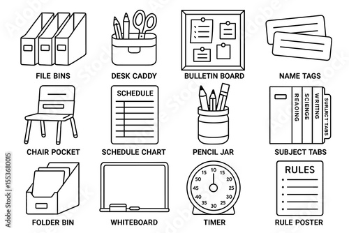 Classroom organization and teaching supply icons
