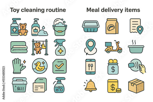 Toy cleaning and food delivery icon set
