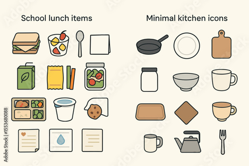 Colorful icons of school lunch and kitchen items
