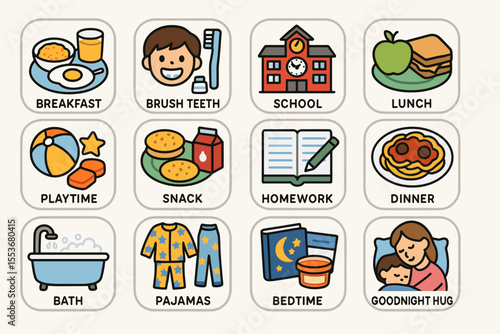 Daily routine for children illustrated with activities and meals icons