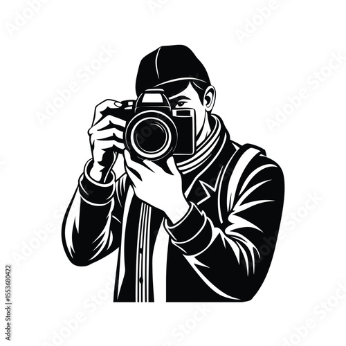 Black and White Vector Silhouette of Photographer with Camera