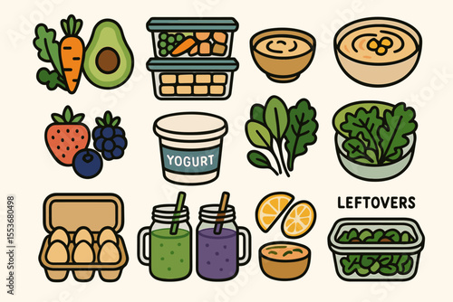 Variety of healthy food icons featuring vegetables, fruits, yogurt, and leftovers