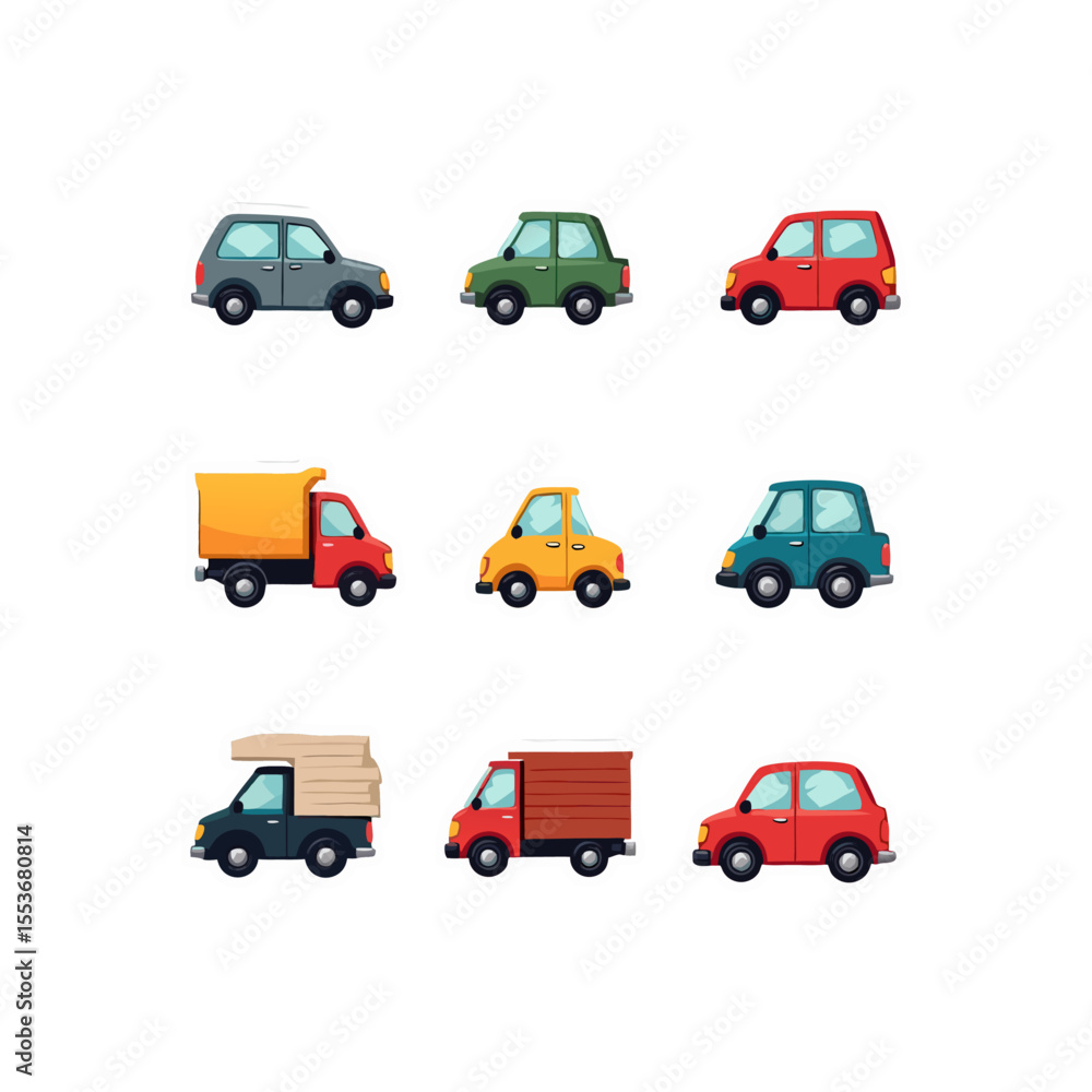 Naklejka premium Colorful cartoon vehicles collection including cars and trucks in various styles and colors for children's illustrations