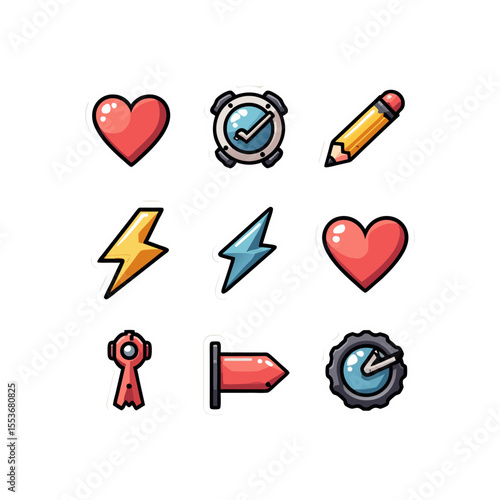 Colorful game icons featuring hearts, lightning bolts, pencil, direction arrow, and a timer, all with bold outlines and playful designs