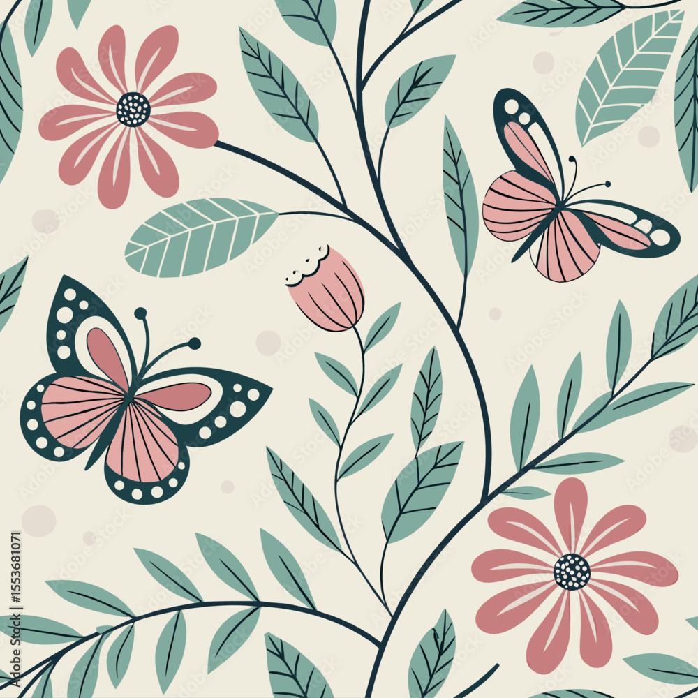 Fototapeta premium Spring Floral Pattern with Butterflies and Leaves – Seamless Nature-Themed Design