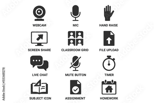 Educational technology icons for virtual classroom tools and communication