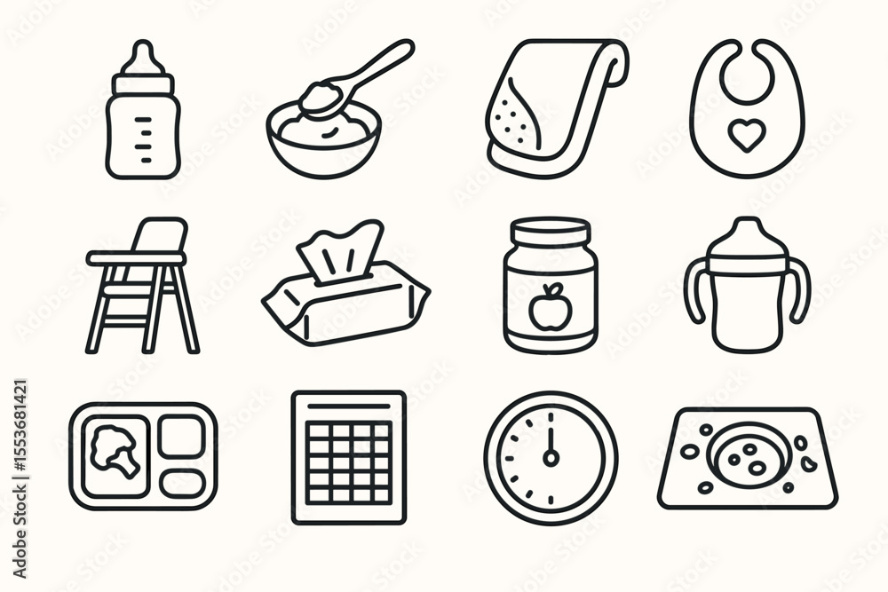 Fototapeta premium Baby feeding essentials icon set: bottle, bib, high chair, wipes, timer