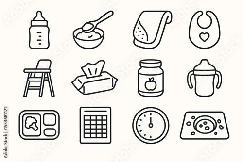 Baby feeding essentials icon set: bottle, bib, high chair, wipes, timer