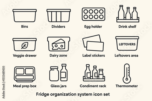 Fridge organization icon set: bins, egg holder, labels, thermometer
