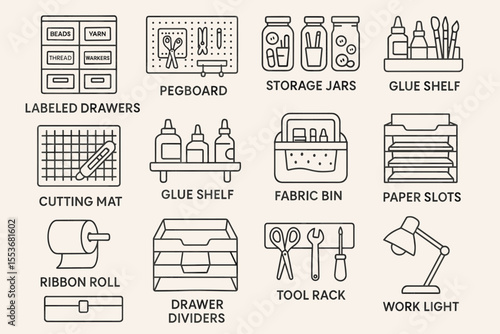 Organized craft room essentials with labeled drawers and storage solutions