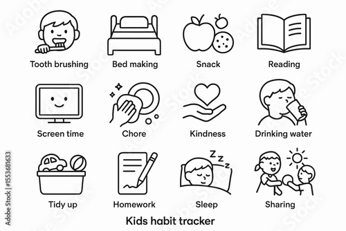 Kids habit tracker icons: tooth brushing, bed making, snack, reading, chores, kindness, sleep