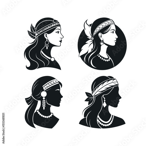 A silhouette vector set of Chilean Mapuche woman