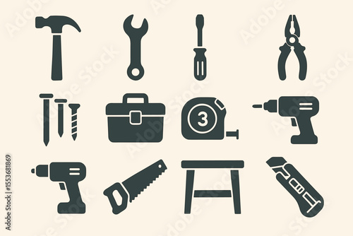 Tool collection: hammer, wrench, screwdriver, and more handyman essentials