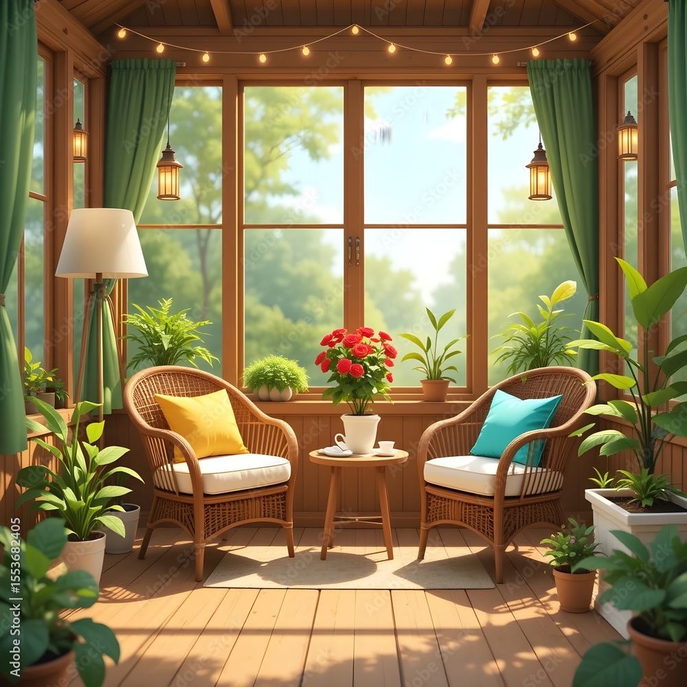 Fototapeta premium Cozy sunroom with wicker furniture and string lights overlooking a lush green garden