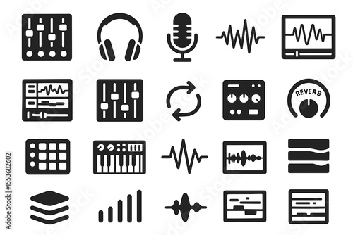 Audio equipment icons: mixers, headphones, microphone, sound wave, synthesizer, reverb