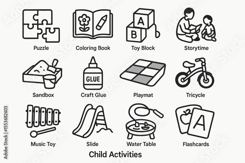 Children's activity icons: puzzle, coloring, playmat, storytime, tricycle