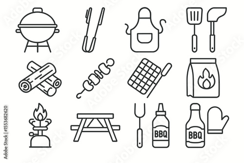 Bbq tools and accessories icons including grill, tongs, utensils, and sauces