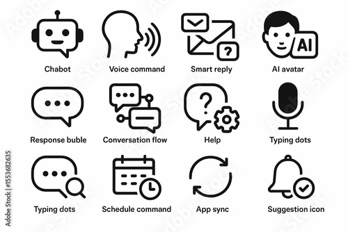 Ai and communication icons: chatbot, voice command, smart reply, conversation flow, typing dots