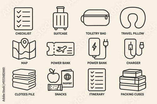 Essential travel icons: checklist, suitcase, toiletry bag, travel pillow, map, power bank