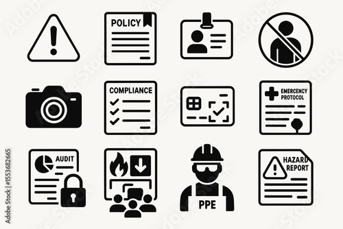 Safety compliance and protocol icons: warnings, policies, and protective equipment