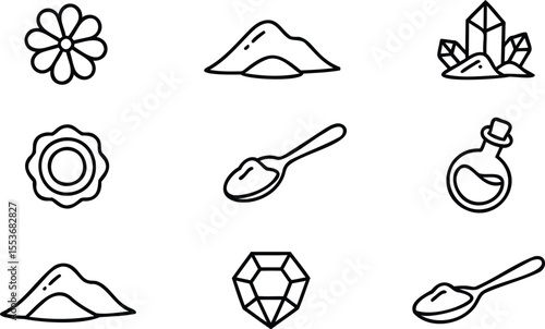 Vector Icon Set for Minerals, Crystals, and Earth Elements, Includes Flower, Crystal, and Gemstones 