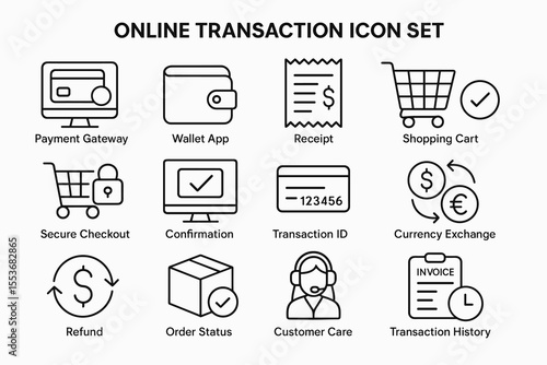 Online transaction icon set: payment, wallet, receipt, shopping cart, currency exchange