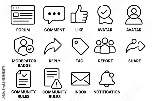 Forum icon set: communication, social interaction, and user interface elements