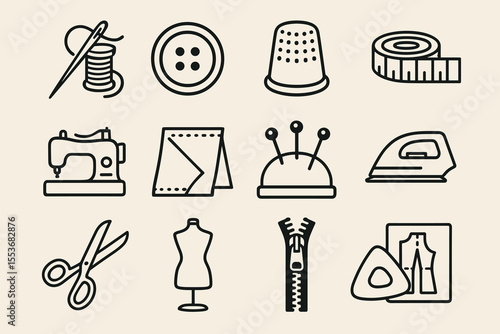 Sewing tools icons set: needle, thread, buttons, and more for crafting