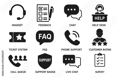 Customer support icons: headset, feedback, chat, help, ticket system, faq, phone support, rating